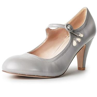 Imagem de Mary Jane Pumps – Salto baixo gatinho – Sapato retrô vintage com bico redondo e tira no tornozelo – Pixie By J. Adams, Grey Pu, 6.5