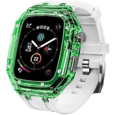 Imagem de SCHIK Kit de modificação, capa protetora transparente, pulseira de borracha para Apple Watch de 45 mm e 44 mm, pulseira de relógio colorida de designer para iWatch 8 7 6 5 4 SE (Cor: Verde / Branco,