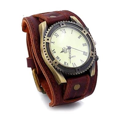 Imagem de MINILUJIA Relógio de pulso masculino vintage retrô punk feito à mão, mostrador bronze, pulseira larga de couro legítimo, quartzo, relógio masculino para Halloween, Marrom, men's Standard, Relógios de