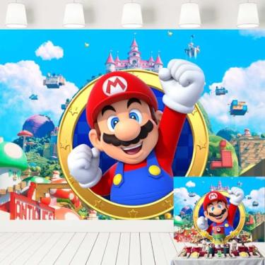 Imagem de Ericbackdrop Decoração de festa Super Mario, cenário de videogame, tema Mario Bros, material de festa infantil, faixa de anel Mario para mesa de bolo, 1,5 x 3 m, 529, azul e vermelho