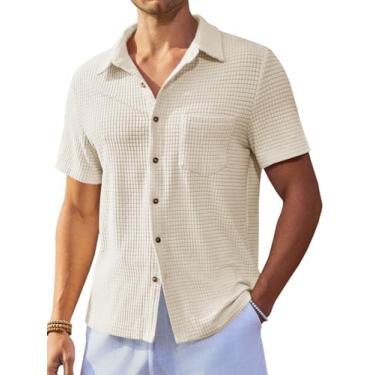 Imagem de Runcati Camisa masculina de veludo cotelê, manga curta, casual, texturizada, verão, praia, Bege, G