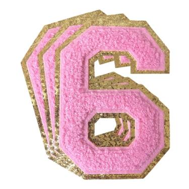 Imagem de 3 peças de remendos de número de chenille rosa glitter ferro em remendos de letras Varsity Remendos bordados de chenille costurar em remendos para roupas chapéu bolsas jaquetas camisa (rosa, 6)