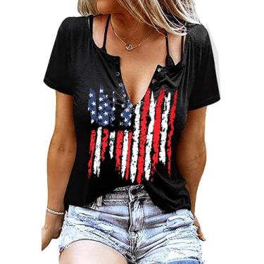 Imagem de Camiseta feminina com bandeira americana 4 de julho, manga curta, gola V, sexy, patriótica, Preto 11, GG