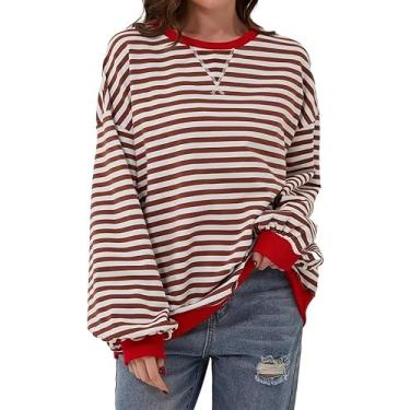 Imagem de 70ILYUHS Moletom feminino listrado gola redonda Color Block camisa de manga longa casual pulôver top primavera roupas Y2K, Vermelho e branco., G