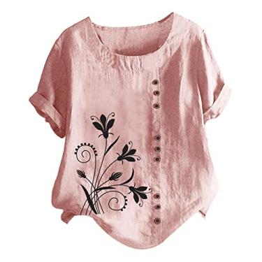 Imagem de Camiseta feminina de linho, floral, estampada, manga curta, gola redonda, caimento solto, casual, túnica, camisa de verão, rosa, M