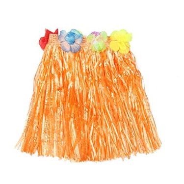 Imagem de RYZGOJV Pacote com 2 vestidos de festa infantil Havaí Saia Hula Grass saia ajustável para festa havaiana fantasia fantasia 30 CM-laranja
