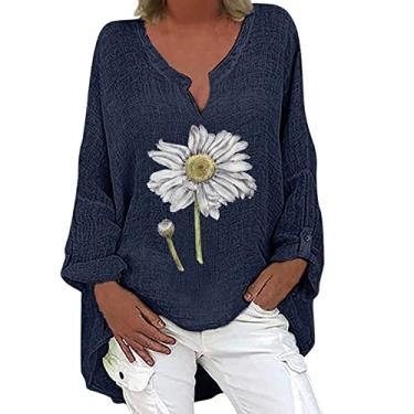Imagem de Camiseta feminina casual de linho de algodão manga comprida Henley gola V blusas estampadas blusas tops camisetas, Azul marino, P