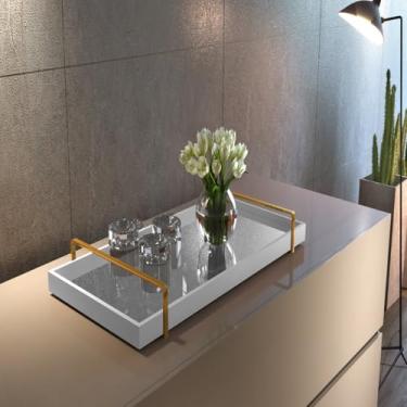 Imagem de Bandeja Decorativa Para Servir Espelhada Com Alça Dourada (Off White)