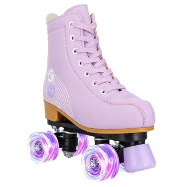 Imagem de YYW Patins para meninas e mulheres, fantásticos patins de couro PU rosa roxo iluminados para crianças, jovens, patins de patins para uso interno e externo para meninas de 8 a 12 anos (33-jovens 2,