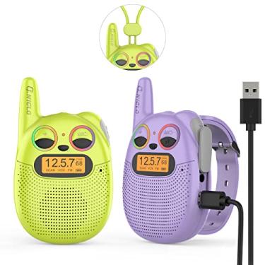 Imagem de QNIGLO Q136 Walkie Talkie Infantil recarregável, rádio FM com cancelamento de ruído Alcance de 2-5 km, jogo ao ar livre, caça, presente e ferramenta de acampamento para crianças e idosos (Verde Roxo)