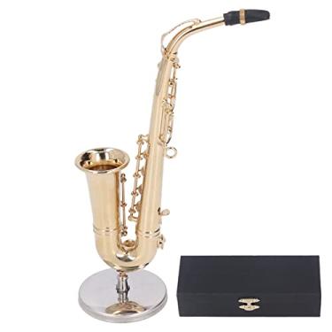 Imagem de Saxofone em miniatura com suporte de latão, mini instrumento musical realista, modelo de casa de bonecas, decoração de casa, brinquedo, saxofone