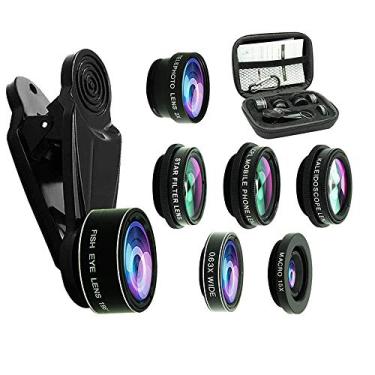 Imagem de Lente de telefone para câmera de telefone, kit de lente de telefone 7 em 1, lente olho de peixe de 198° + lente macro 15X + lente grande angular 0,63X + 2x teleobjetiva + lente CPL para celular +
