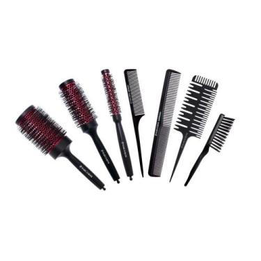 Imagem de Kit 3 escovas térmicas metálicas vazadas pmg + 3 pentes e limpador mar