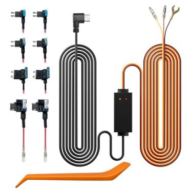 Imagem de Kit de cablagem rígida multitamanho para dashcam REDTIGER com luz indicadora dupla, conexão de alimentação USB-C, inclui 4 tipos de adaptadores de fusíveis, monitorização de estacionamento 24 horas c