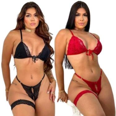 Imagem de Kit 2 Conjunto De Langerie Feminino De Renda Luxo Fio Dental Lingerie 