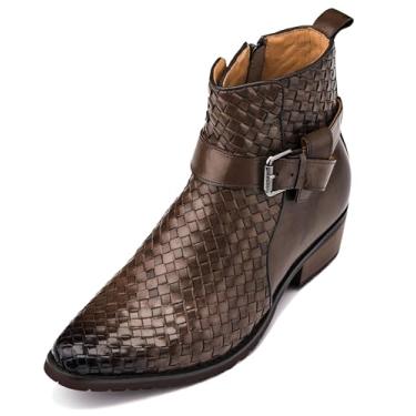 Imagem de CALTO Sapatos masculinos invisíveis para aumento de altura – Botas de cano alto de couro premium – 8 cm mais alto, Zíper marrom café, 42