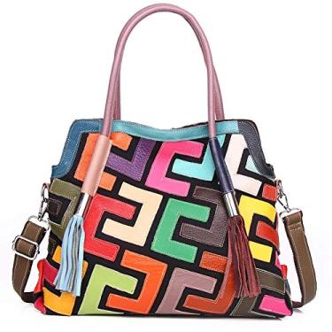 Imagem de Segater Bolsa feminina multicolorida grande Boston de couro genuíno aleatória colorida patchwork grande bolsa Hobo bolsa transversal, Tamanho pequeno e colorido, One Size