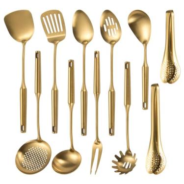 Imagem de Conjunto de utensílios de cozinha de aço fosco 304 Stainlss, conjunto de 11 utensílios de cozinha longos de metal com espátula, colher, concha, escumadeira, sintonizador, servidor de massa, pinças