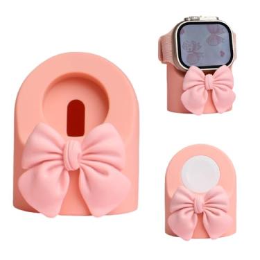 Imagem de QLD COVER Suporte de carregador compatível com Apple Watch Series Ultra2/Ultra/10/9/8/7/6/5/4/3/2/1/SE2/SE, para iWatch Cute 3D Bow Tie Silicone Charging Desk Stand Dock Holder Night Stand, Pink Bow