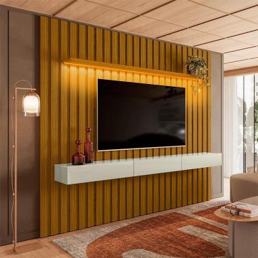 Imagem de Painel Ripado com Rack Suspenso até 70 Polegadas Tulum com LED 1 PT 2 GV Cedro e Off White Alt 242 Larg 222 cm