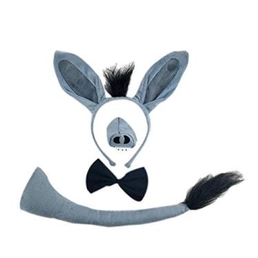 Imagem de Fantasia infantil divertida de coelho, porco, lobo, zebra, com laço na cauda (burro cinza)
