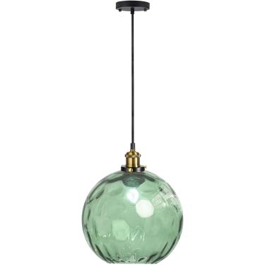 Imagem de Luz pendente esférica vintage industrial, abajur de bola de vidro colorido de 20 cm em ondulação de água, barra de loft retrô E27 lâmpada suspensa de teto com acabamento em bronze, verde