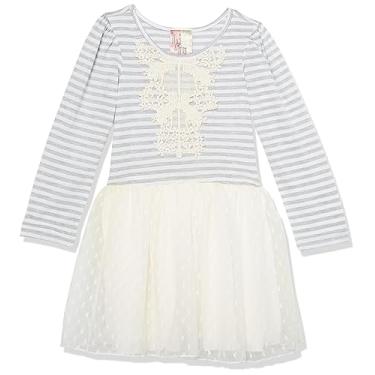 Imagem de Twirls and Twigs Vestido listrado para meninas com detalhe de renda de crochê no peito, Cinza/marfim, 4
