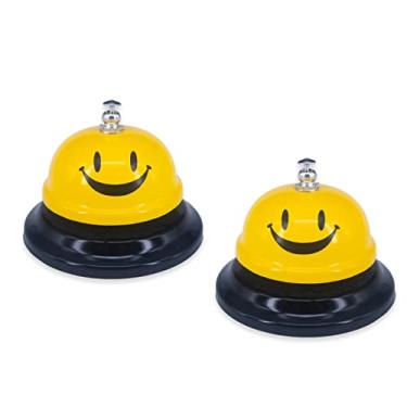 Imagem de Pacote com 2 campainhas, sino de metal de 8,5 cm de diâmetro, sino de serviço para mesa, hotéis, escola, restaurante, amarelo sorriso