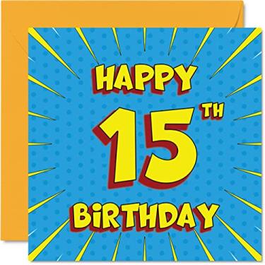 Imagem de Cartões divertidos de aniversário de 15 anos para meninos e meninas - quadrinhos - Cartão de feliz aniversário para irmã neta, neto, filho, filha, irmão, primo, sobrinho, sobrinha, 145 mm x 145 mm, cartão de aniversário de 15 anos