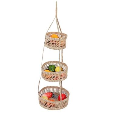 Imagem de Cesta de Frutas Suspensa de Vime Dobrável de 3 Camadas, Estilo Boêmio Ideal, para Cozinha, Sala de Estar, Escritório ou Quarto, Segure Alho, Maçãs, Abacate Com