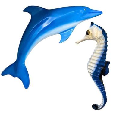 Imagem de Enfeite De Parede Peixe Boto Azul Golfinho e Cavalo Marinho - LZ Decor