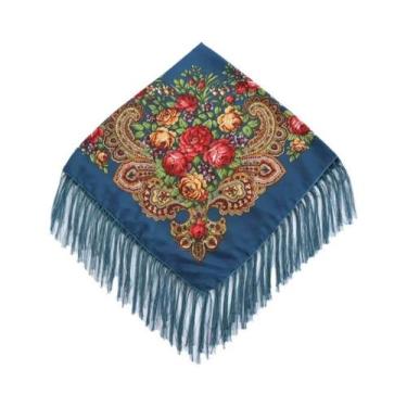Imagem de Lenço Quadrado Floral com Franjas - Estilo Ucraniano Babushka, Ciano