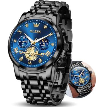 Imagem de OLEVS Relógios masculinos prateados, relógio cronógrafo masculino de aço inoxidável, analógico, quartzo, rosto grande, relógios masculinos luxuosos, à prova d'água, numerais romanos, vestido de