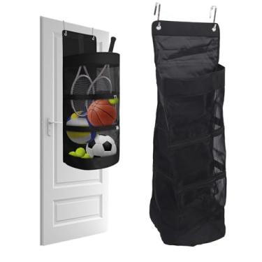 Imagem de Sobre a Porta de Suspensão, Organizador de Equipamentos Esportivos Pendurados, Malha de Nylon e Pano Oxford, Espaço para Garagem para Basquete, Vôlei, Tênis, Preto, Acesso Sem