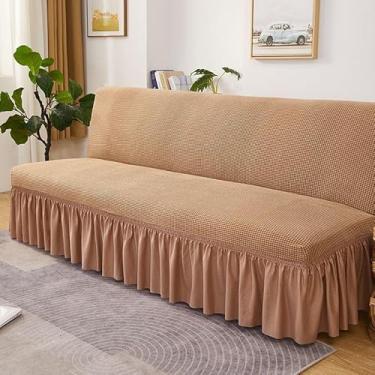 Imagem de Capa de futon sem braços com saia de babados, capa de sofá-cama futon altamente elástica, capa de sofá antiderrapante sem braços, tecido de veludo grosso, macio e aconchegante(Brown,Medium (160-190cm