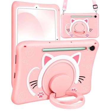 Imagem de Wazzasoft Capa para Galaxy Tab S10 FE/S9 FE de 10,9 polegadas - Capa feminina de silicone macio com desenho 3D de gato fofo para Samsung Galaxy S9 FE com suporte giratório e alça Funda para Tab S10 FE