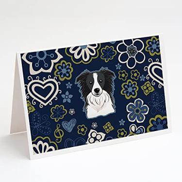 Imagem de Caroline's Treasures BB5092GCA7P Cartões de felicitações Collie com margens de flores azuis, pacote com 8, 7 x 5, multicolorido