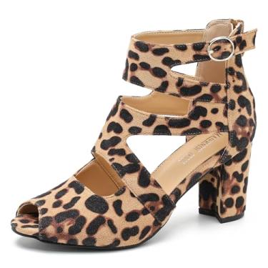 Imagem de MAIERNISI JESSI Sandália feminina gladiadora peep toe salto grosso vazado com zíper, Camurça leopar, 36