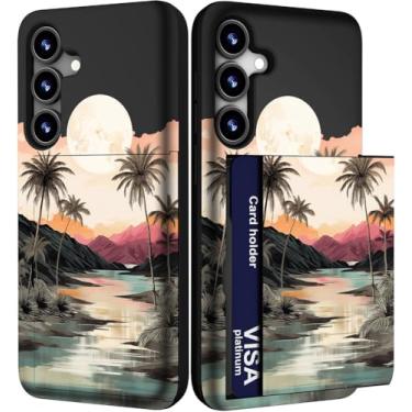 Imagem de IWONE Capa para celular compatível com Samsung Galaxy S24 FE fofa com porta-cartões/S24FE Slim Wallet Phone Cover para mulheres/palmeiras, mar, oceano, pôr do sol, paisagem, tropical, praia, ilhas