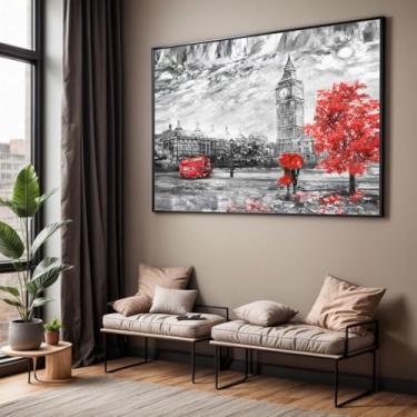 Imagem de Quadro com Moldura Sala Quarto 90x60 Londres Arte Preto Branco Vermelho Decorativo Horizontal Grande Hall