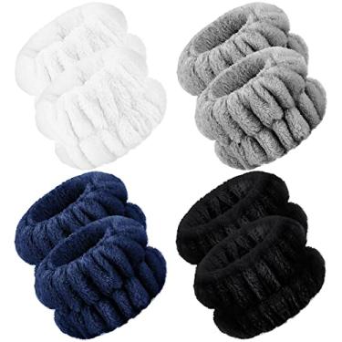 Imagem de 4 pares de pulseira de spa de microfibra para lavar o rosto de microfibra para lavar o pulso toalha de pulso pulseira scrunchies absorvente de pulso faixa de suor para mulheres evita que líquidos derramem (cores escuras, estilo clássico)
