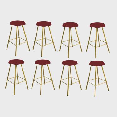 Imagem de Kit 08 Banqueta Alta Lari Eiffel Hexágono Bancada Bar Balcão Bistrô Ferro Dourado Corino Vermelho - Ahz Móveis