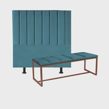 Imagem de Kit Cabeceira Carla e Calçadeira Industrial 140cm Casal Box Ferro Bronze Suede Azul Turquesa - Ahz Móveis