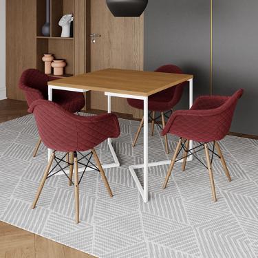 Imagem de Conjunto de Mesa Industrial Base Branca Tampo Quadrado 90cm Canela 4 Poltronas Estofadas Vermelho