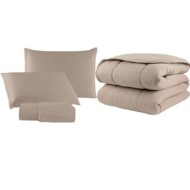 Imagem de Kit Edredom Liso de Malha 100% Algodão Dupla Face com Viés com Jogo de Lençol e Fronha com Zíper (Bege, Solteiro)