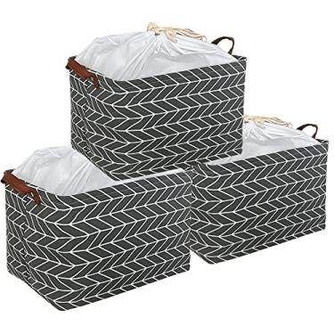 Imagem de CLOCOR Cesta de armazenamento retangular, cesto de armazenamento dobrável com estampa fofa, caixa de armazenamento de revestimento impermeável com alças para organização doméstica, organizador de brinquedos, cesta de prateleira (1, pacote com 3 flechas cinzas)