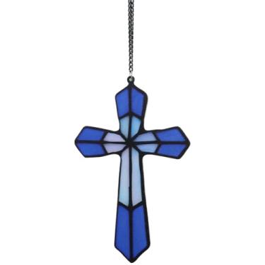 Imagem de GORGECRAFT Cruz de parede de acrílico 10 x 15 cm azul batismo graça fiel crucifixo em forma de cruz decoração pendente para janela de casa para sala de estar, berçário, interior, exterior, Natal