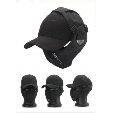 Imagem de Máscara De Malha Dobrável Tática + Com Boné De Beisebol Ajustável Com Proteção Auricular, Para Tiro De Paintball Cosplay Cs Game, bk, 42 * 16cm