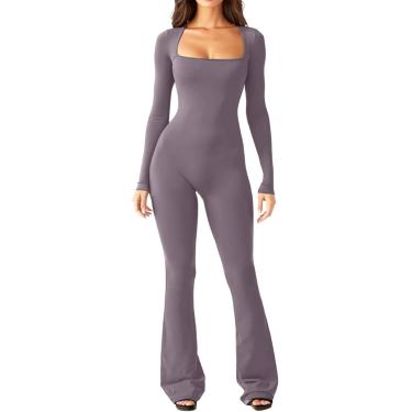 Imagem de Macacão Para Mulheres Manga Longa, Flare Macacão De Uma Peça Decote Quadrado Comprimento Total Macacão De Comprimento Total Macacão De Treino Bodycon Macacão De Treino, Purple Gray, XXL