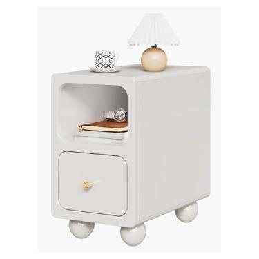 Imagem de Mesa de cabeceira de madeira maciça, mesa de cabeceira estreita com gavetas, mesa de cabeceira moderna branca de meados do século, pequena mesa ao lado com prateleira de armazenamento aberta para